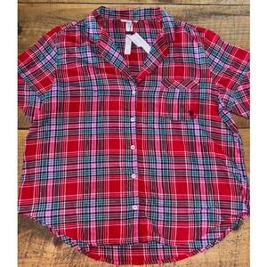 NWT Victoria's Secret Womens Red Plaid Short Sleeve Lightweight Pajama Top L